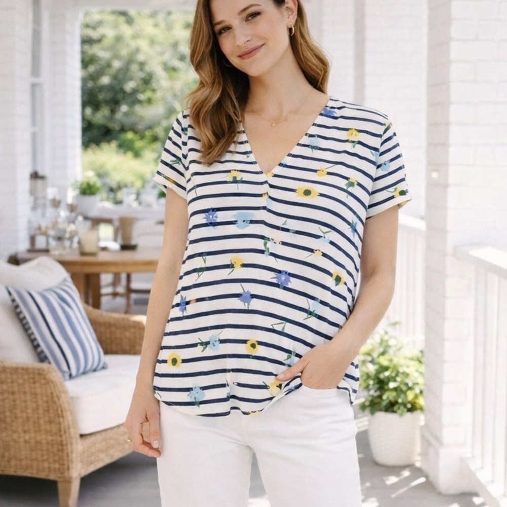 P2 Joules Ryder Navy Meadow Floral Stripe V-Neck Cap Sleeve Top US 8 NEW